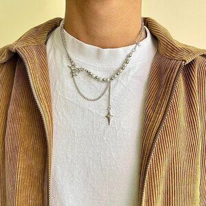 y2k chrome crystal orb pearl star pendant necklace